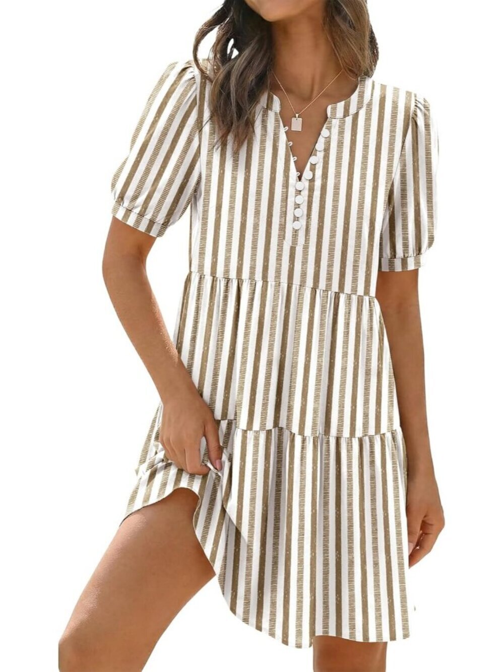 Women's Striped Brown Boho Floral Beach Striped Short Sleeve T-shirt Mini Dress